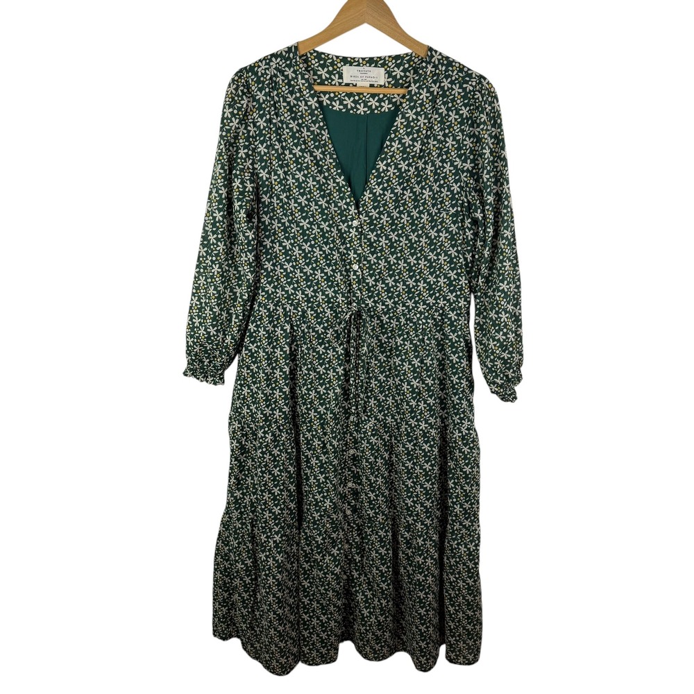Trovata Birds of Paradise Green Floral Midi Dress‎ Size Small Button Front Boho